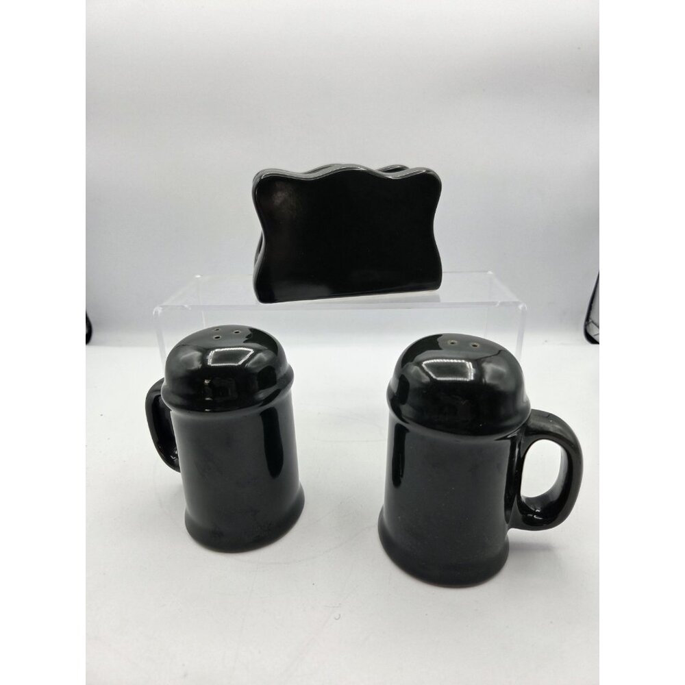 Vintage Guyroc Pottery Ceramic Salt Pepper Shaker Napkin Holder Set Hunter Green